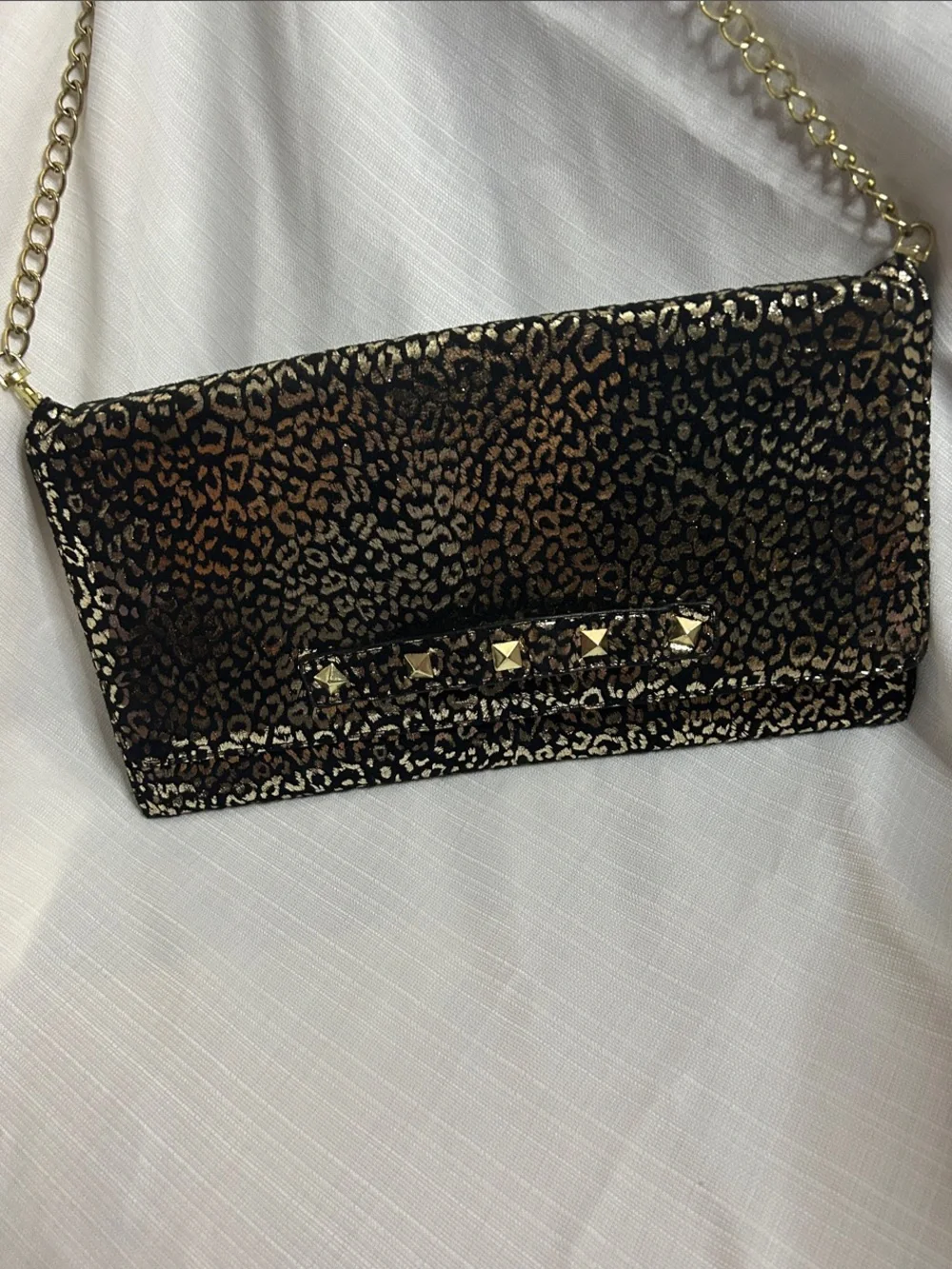 Betsey Johnson Gold on Black Velvet Leopard Print Chain Clutch with Stud Strap